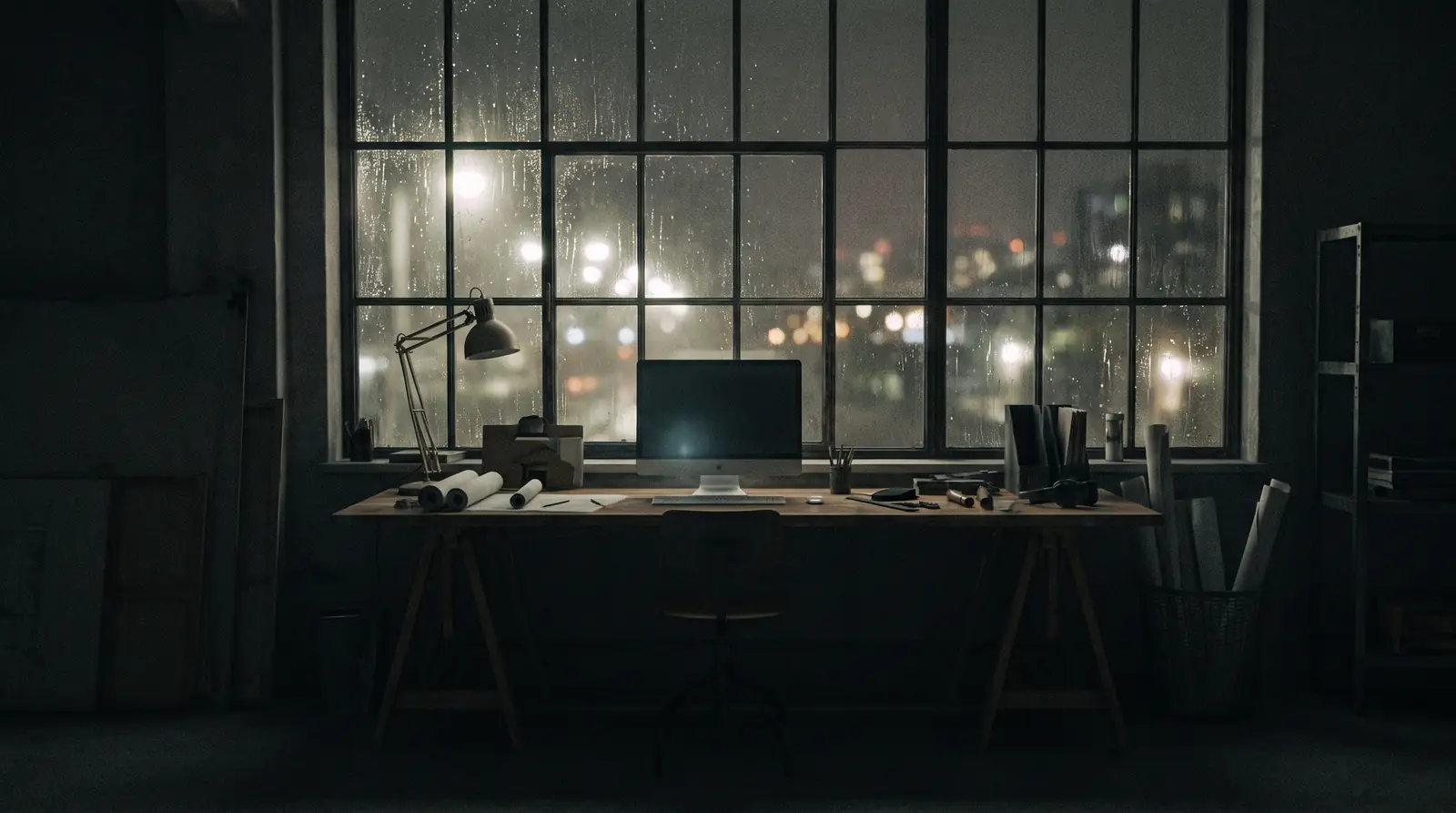 Arbeitsplatz am Fenster bei Nacht, Lampe und Bildschirm im Halbdunkel